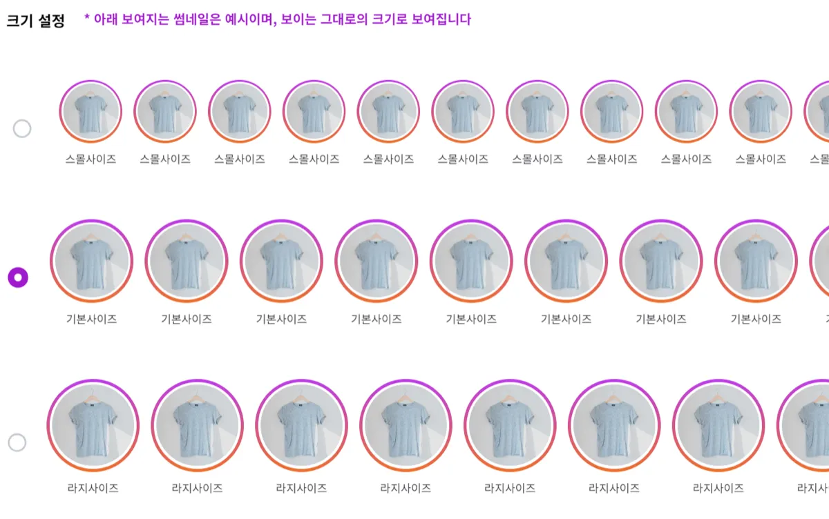 스토리형 크기 비교. 위에서부터 스몰(60px) · 기본(80px) · 라지(100px) 원형 썸네일이 실제 크기 그대로 표시되며, 왼쪽 라디오 버튼으로 고른다.