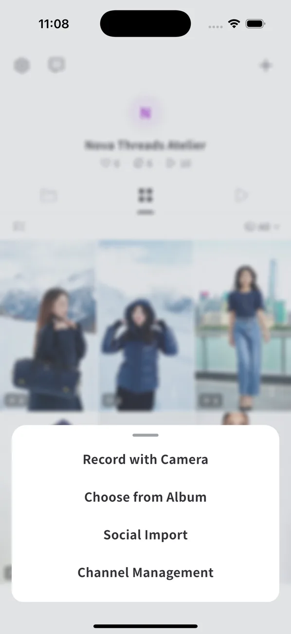 The create menu: Record with Camera, Choose from Album, Social Import, Channel Management.