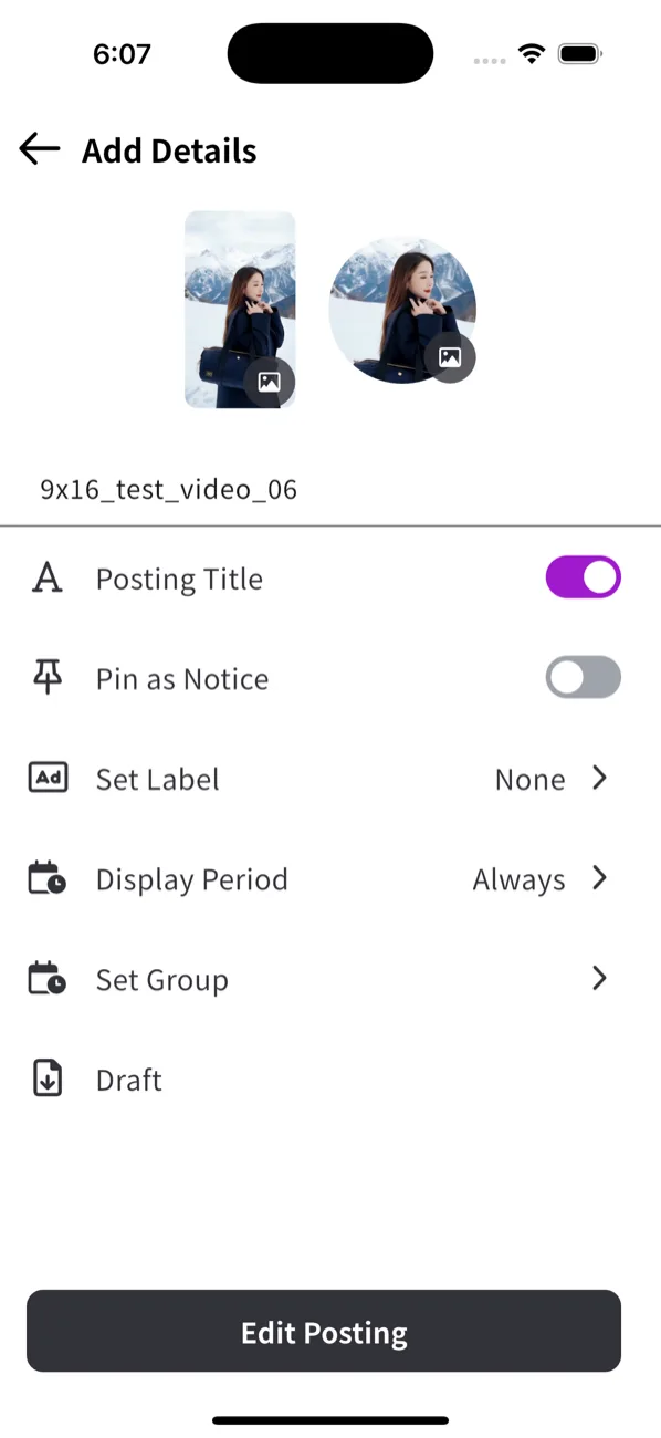 The 'Add details' step on mobile: two thumbnails (with a gallery icon to change them), the short title, a Short Title toggle, Pin as Notice, Set Label, Display Period, Set Group, a Draft option, and a publish button at the bottom.