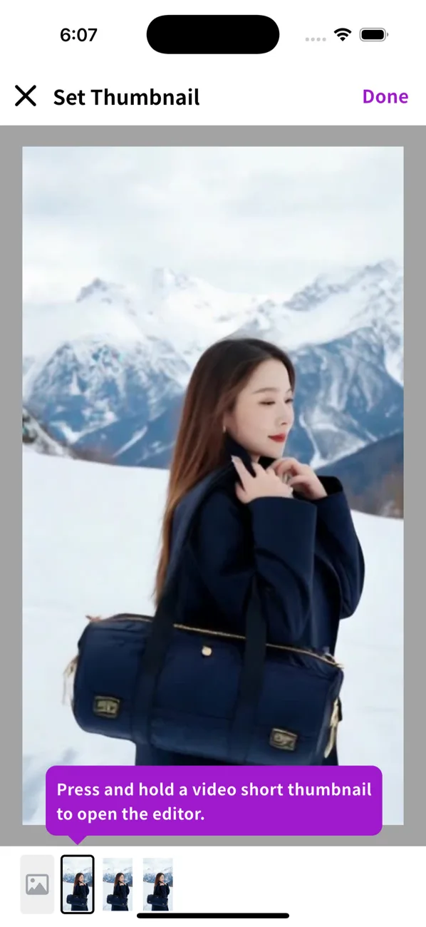 Set Thumbnail on mobile. A large preview of the current frame, a filmstrip of frames to scrub, and a gallery/library icon to pick a different image; a hint reads 'Press and hold a video short thumbnail to open the editor,' with Done at the top right.