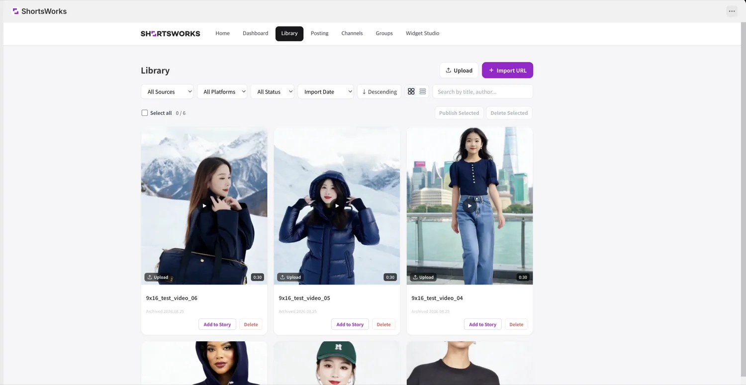 임베드 앱 Library. Upload·Import URL 버튼, 소스·플랫폼·상태·날짜 필터, 콘텐츠 그리드(각 카드에 Add to Short·Delete).