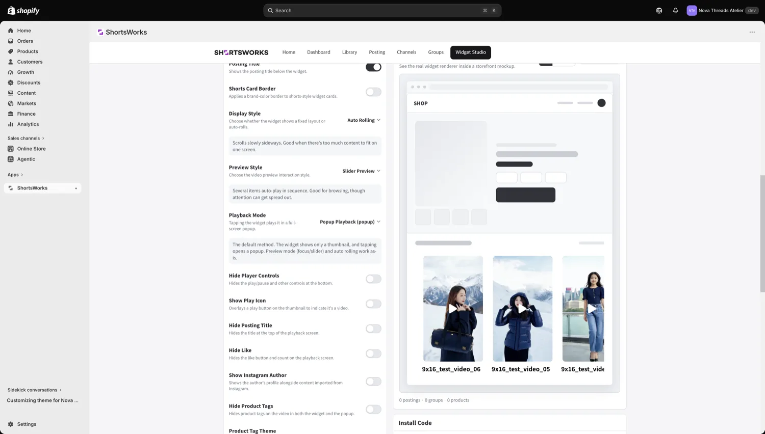 Behavior settings in Preset Details: Short Title, Shorts Card Border, Display Style, Preview Style, Playback Mode, Hide Player Controls, Show Play Icon, Hide Short Title, Hide Like, Show Instagram Author, and Hide Product Tags — each toggle reflected live in the preview on the right.