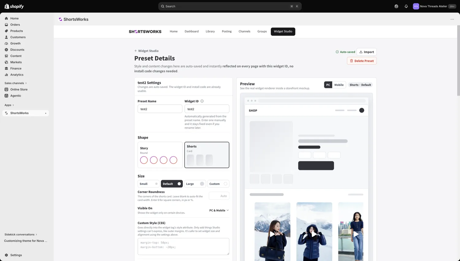Preset Details in the Shopify app. Left: Preset Name, Widget ID, Shape (Story/Shorts), Size, Corner Roundness, Visible On, and Custom Style (CSS). Right: a live Preview inside a storefront mockup with PC/Mobile toggle.
