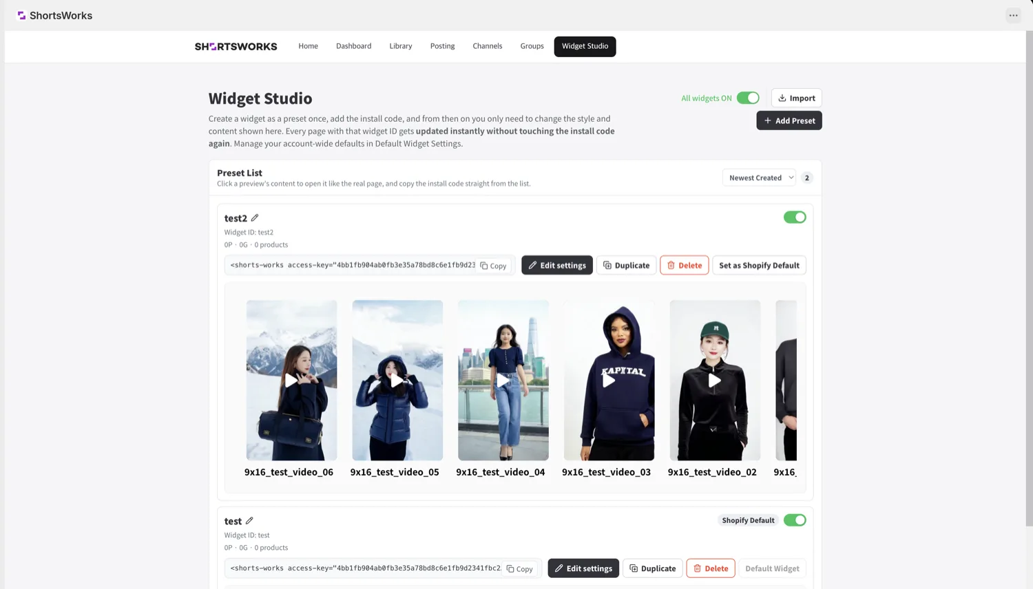 임베드 앱 Widget Studio. Preset List(각 프리셋에 Widget ID·설치 코드·Copy·Edit settings·Duplicate·Delete·Set as Shopify Default·미리보기), Add Preset·Import.