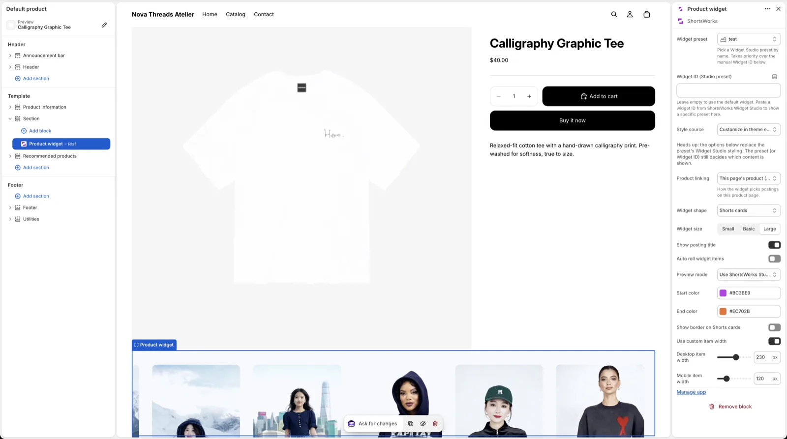 쇼피파이 테마 에디터 상품 페이지. 'Calligraphy Graphic Tee' 상세 아래에 Product widget 쇼츠 카드 줄이 있고, 오른쪽 패널에 Widget preset(test)·Product linking(This page's product)·shape·size 등 설정이 보인다.