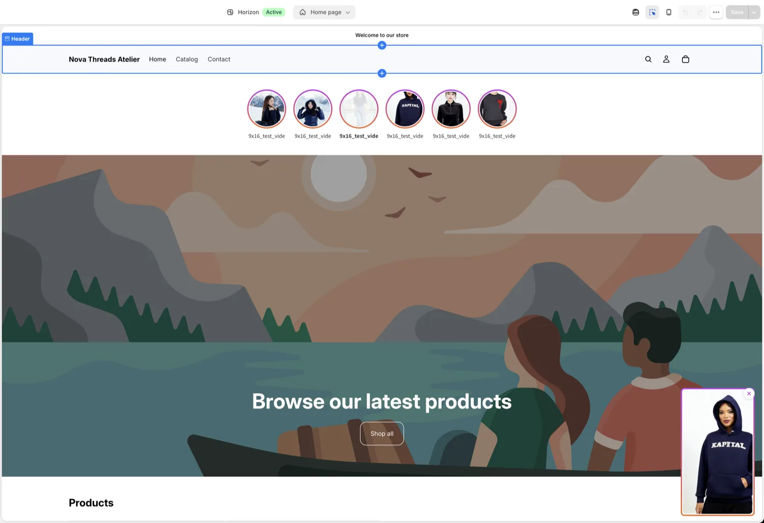 Nova Threads Atelier 스토어 홈. 헤더 아래 스토리 원형 줄이 피드 블록이고, 오른쪽 아래에 플로팅 위젯이 있다.